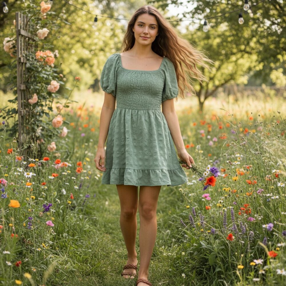 Lily Rose L Mini Dress Green Cottage Boho Milkmaid Coastal Beach Whimsy Juniors